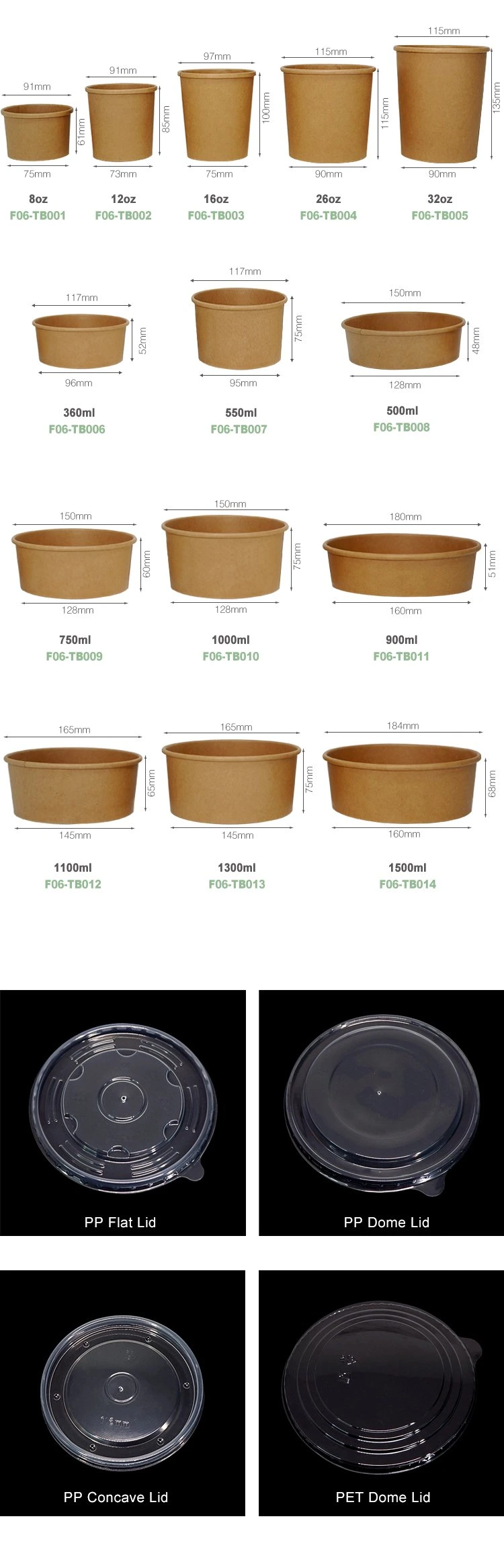 500ml 750ml 1000ml Round Eco Friendly Takeaway Food Packaging Disposable Salad Paper Bowl with FDA EU